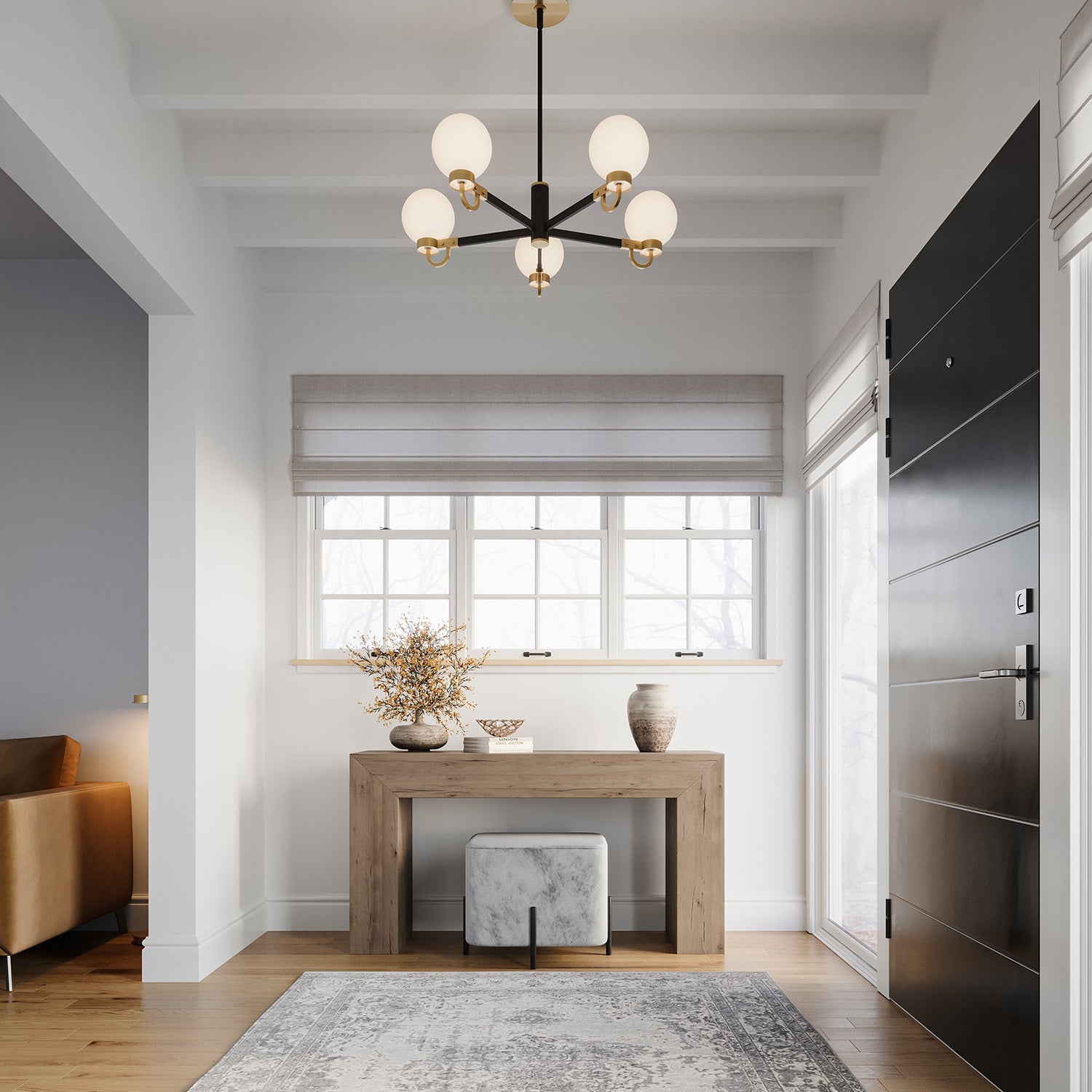 Ryan 5 Light Chandelier 30", Matte Black and Aged Brass