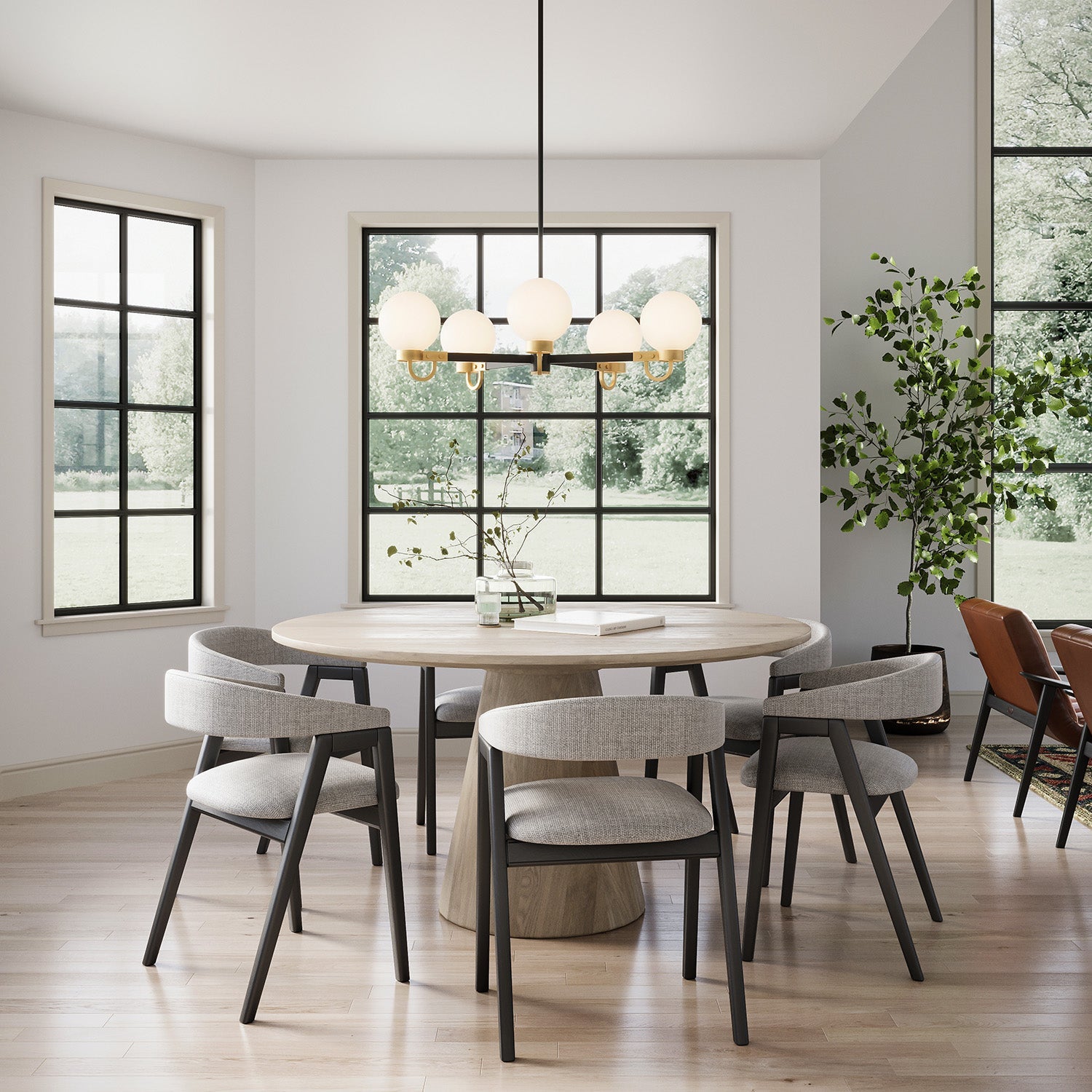 Ryan 5 Light Chandelier 30", Matte Black and Aged Brass