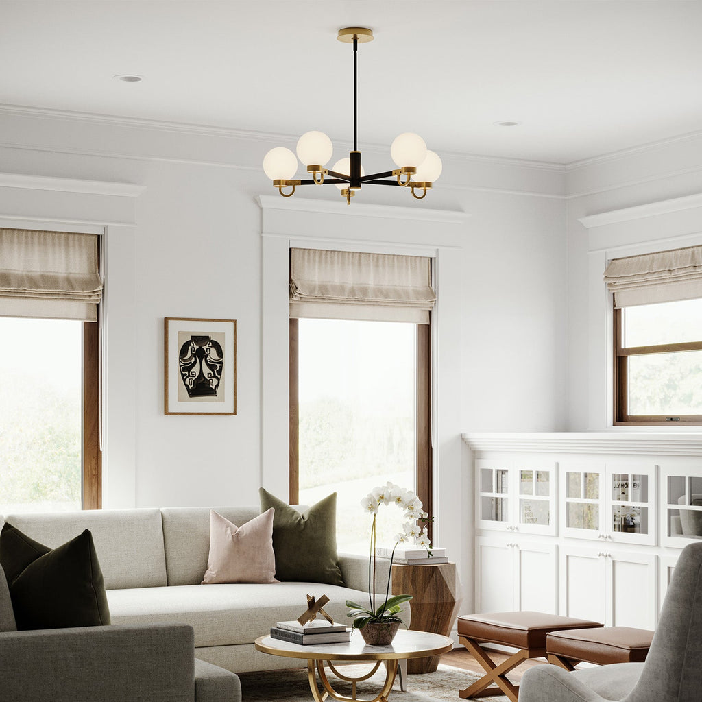 Ryan 5 Light Chandelier 30", Matte Black and Aged Brass