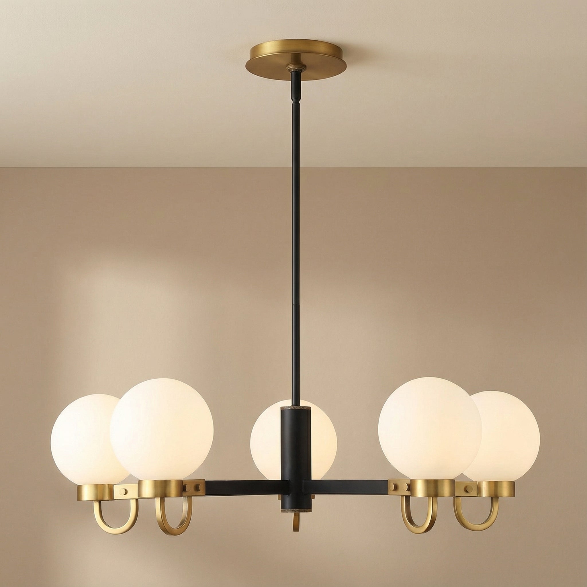 Ryan 5 Light Chandelier 30", Matte Black and Aged Brass
