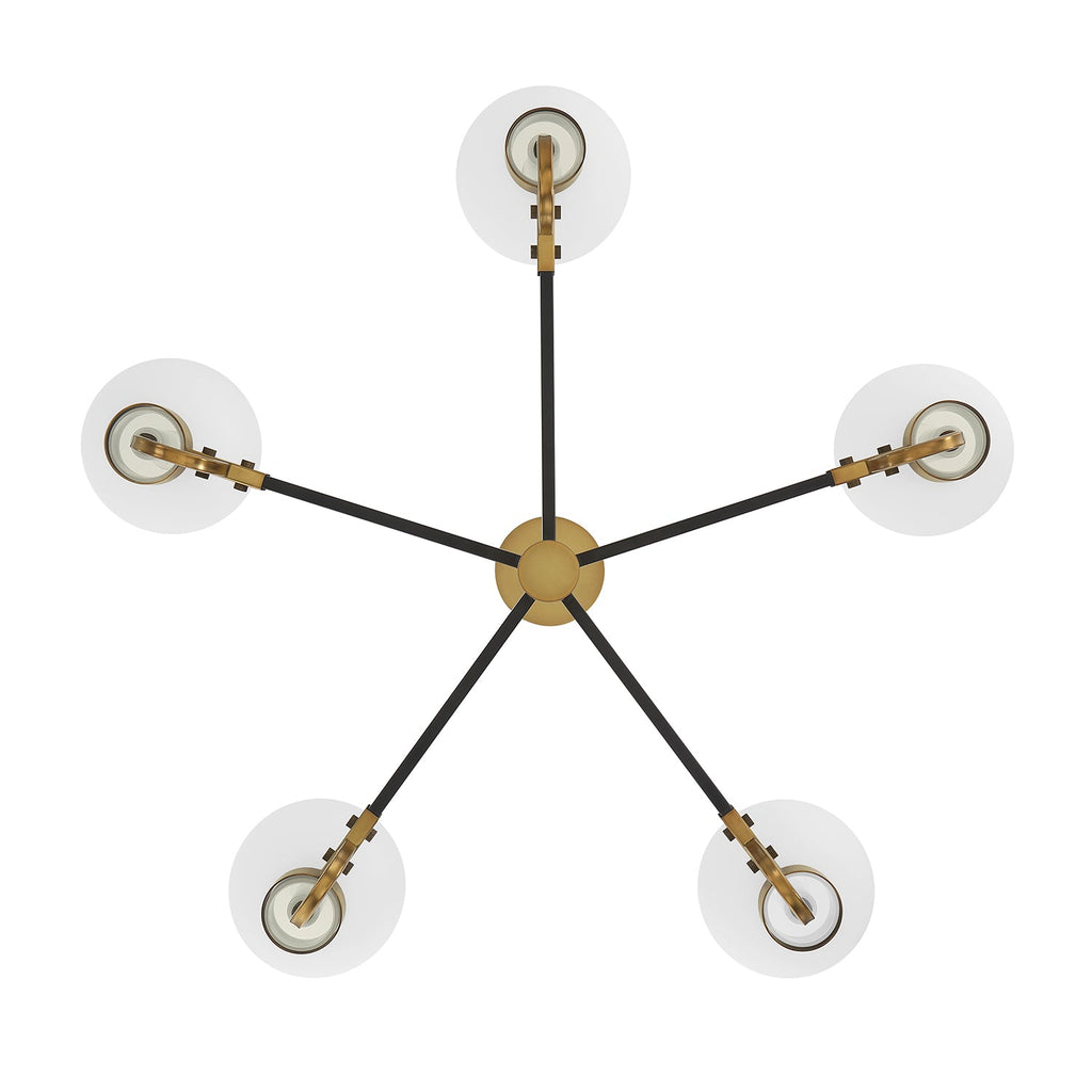 Ryan 5 Light Chandelier 30", Matte Black and Aged Brass