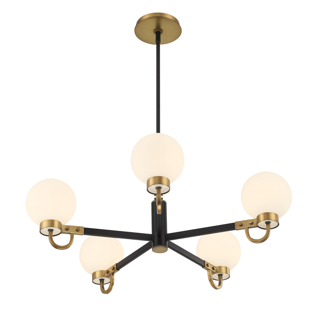 Ryan 5 Light Chandelier 30", Matte Black and Aged Brass
