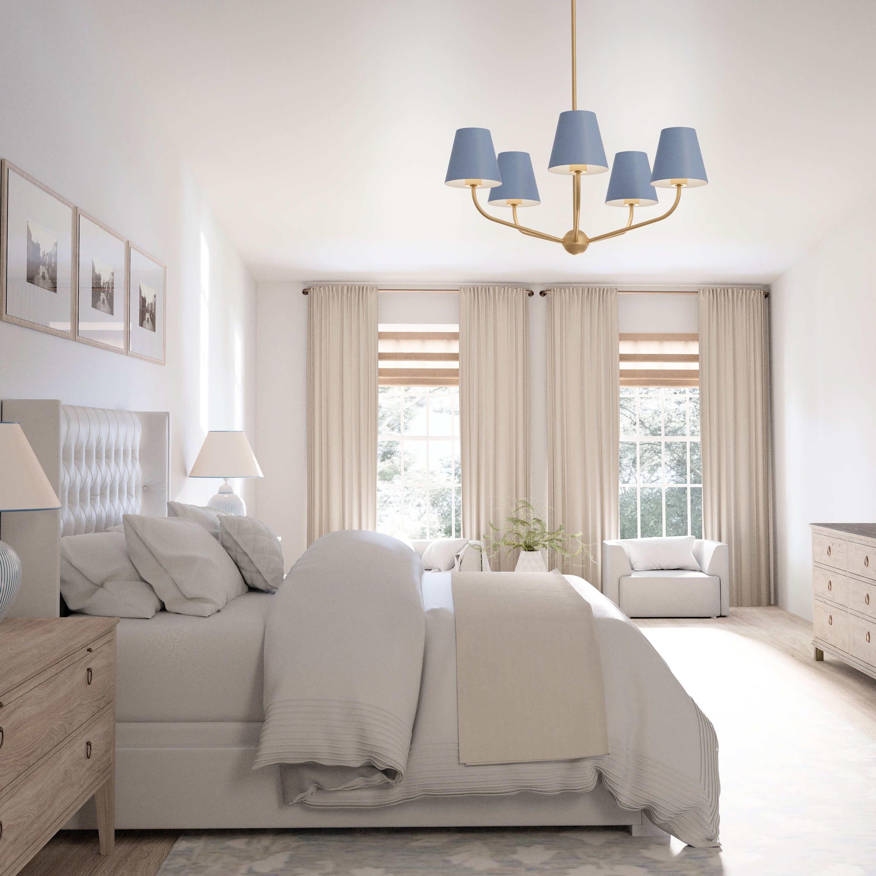 Banks 5 Light Chandelier 28", French Blue and Brass