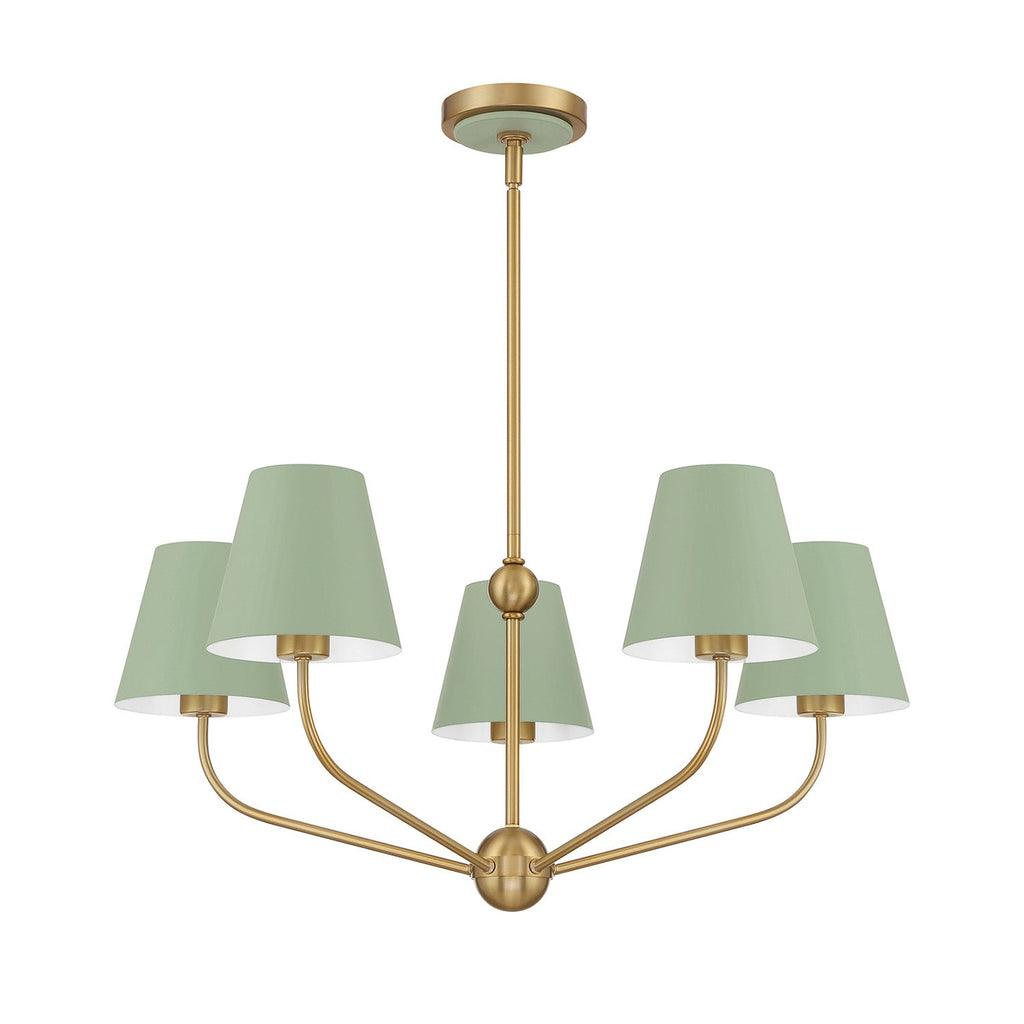 Banks 5 Light Chandelier 28", Sage Green and Brass