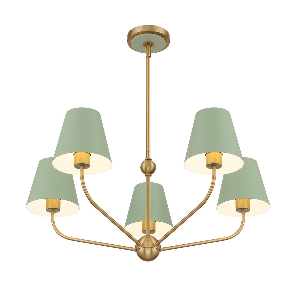 Banks 5 Light Chandelier 28", Sage Green and Brass