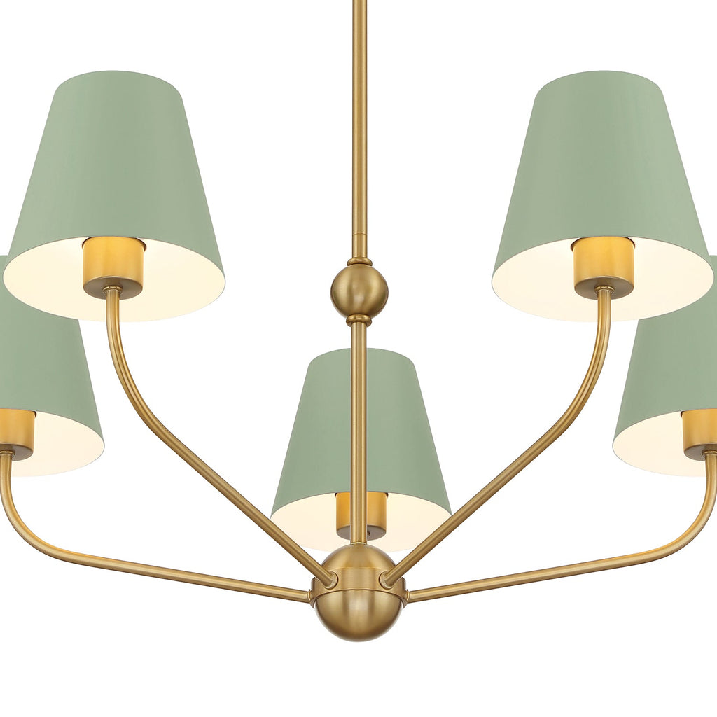 Banks 5 Light Chandelier 28", Sage Green and Brass
