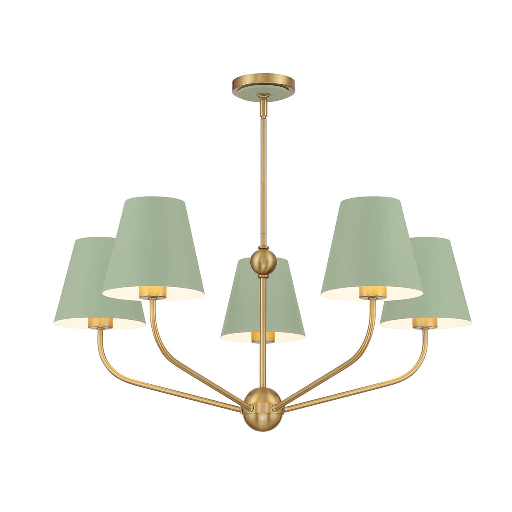 Banks 5 Light Chandelier 28", Sage Green and Brass