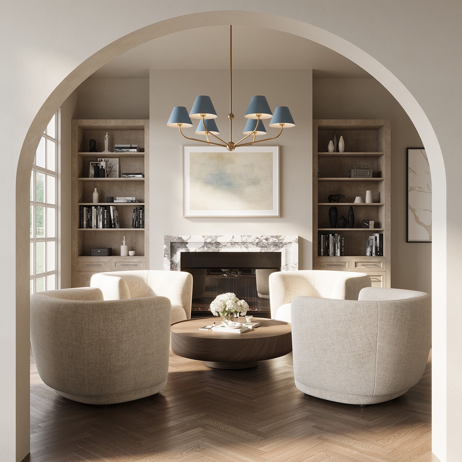 Banks 6 Light Chandelier 40", French Blue and Brass