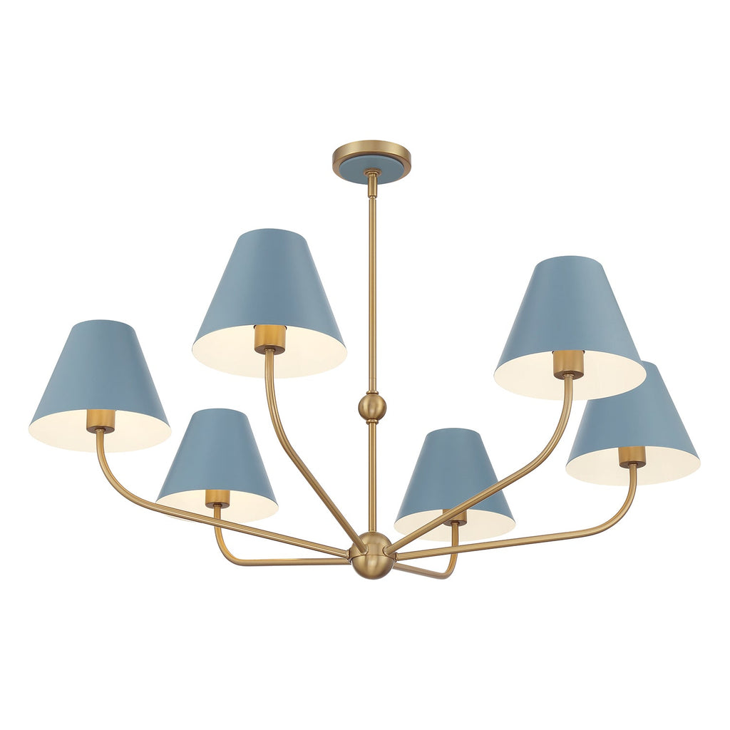 Banks 6 Light Chandelier 40", French Blue and Brass