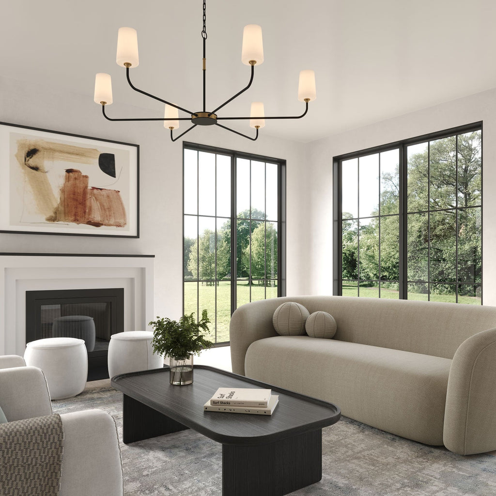 Logan 6 Light Chandelier 54", Black and Brushed Brass