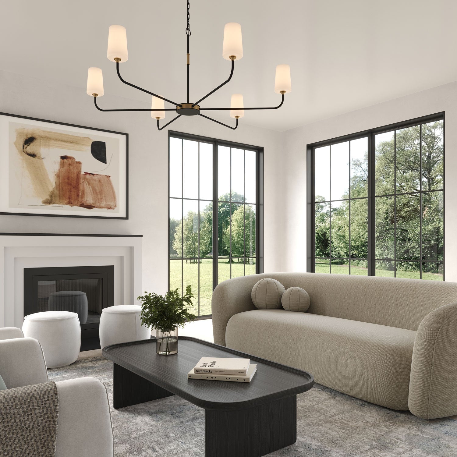 Logan 6 Light Chandelier 54", Black and Brushed Brass