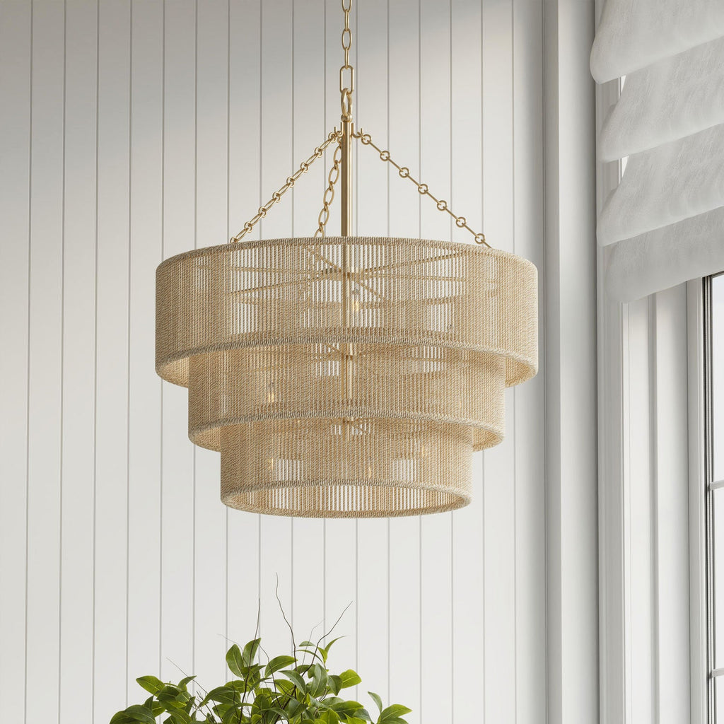 Sorelle 10 Light Chandelier 24", Jute and Soft Brass