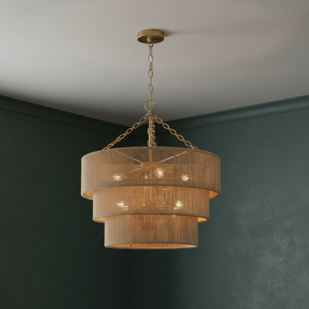 Sorelle 10 Light Chandelier 24", Jute and Soft Brass