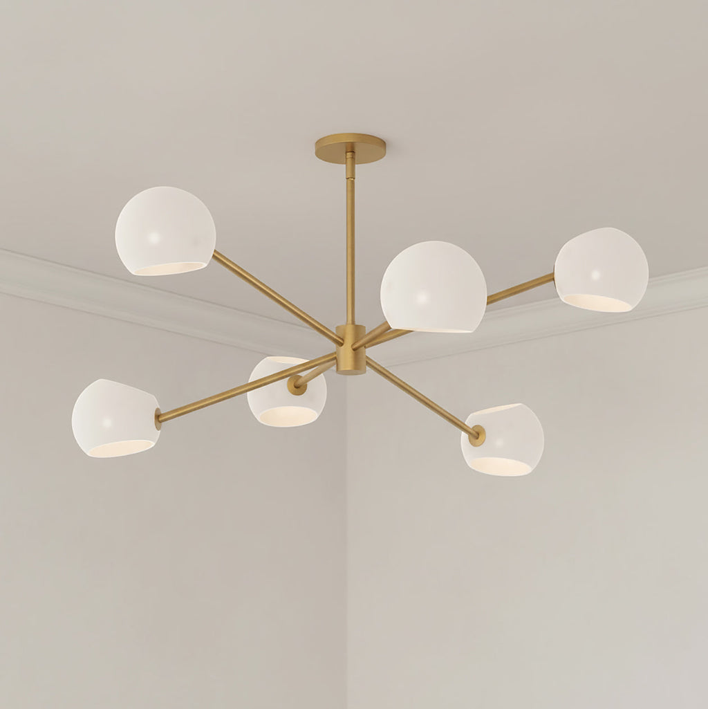 Flynn 6 Light Chandelier 37", Brushed Brass with Opal Glass