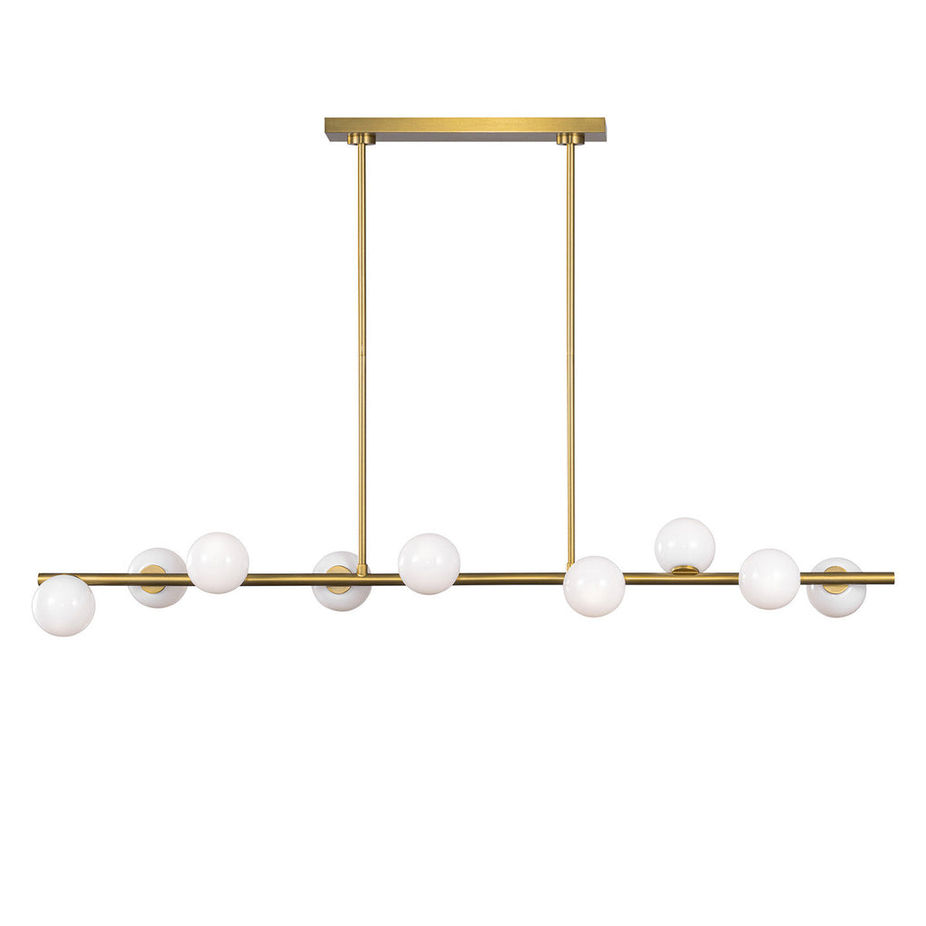 Veya 9 Light Linear Chandelier 49", Modern Brass and Milk Glass