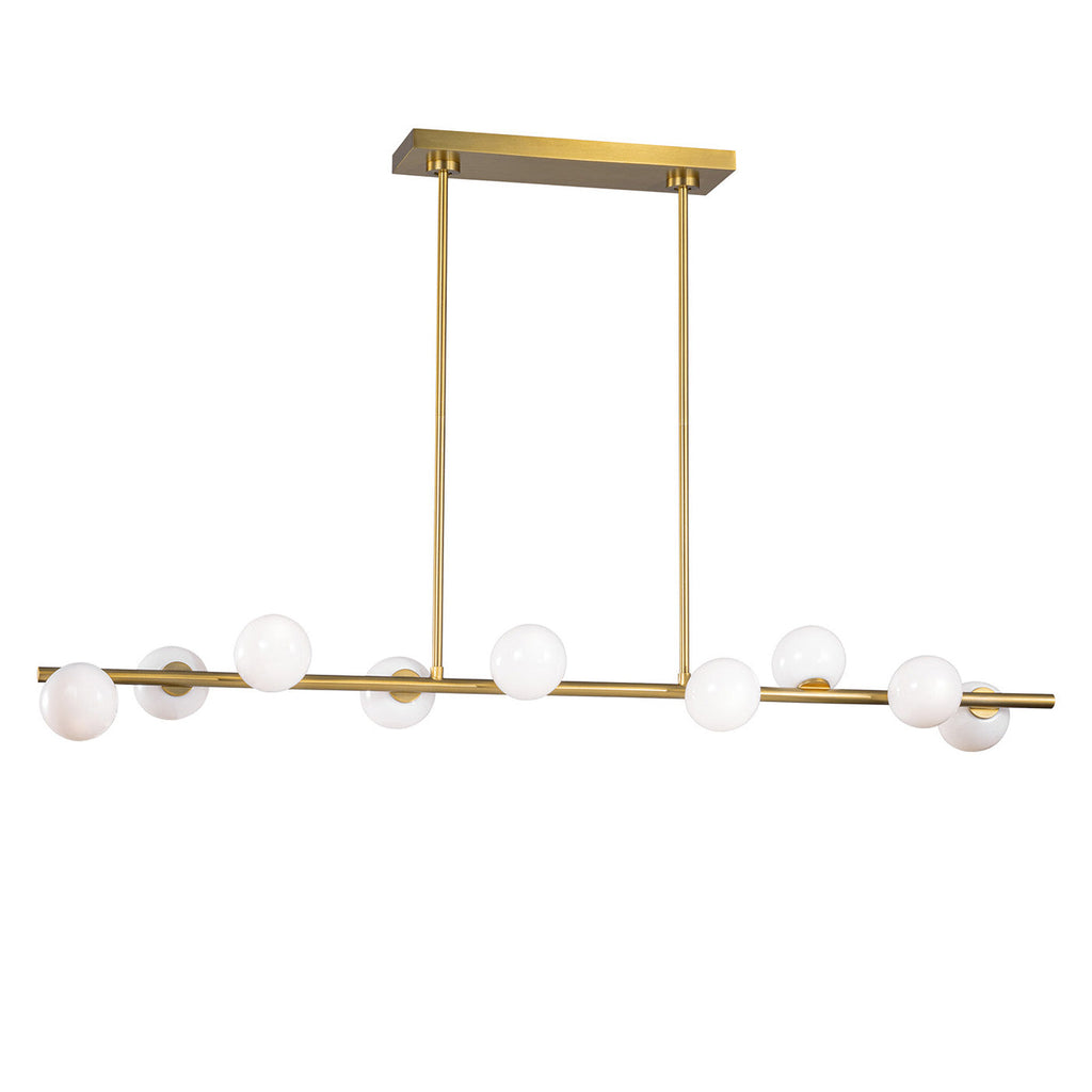 Veya 9 Light Linear Chandelier 49", Modern Brass and Milk Glass