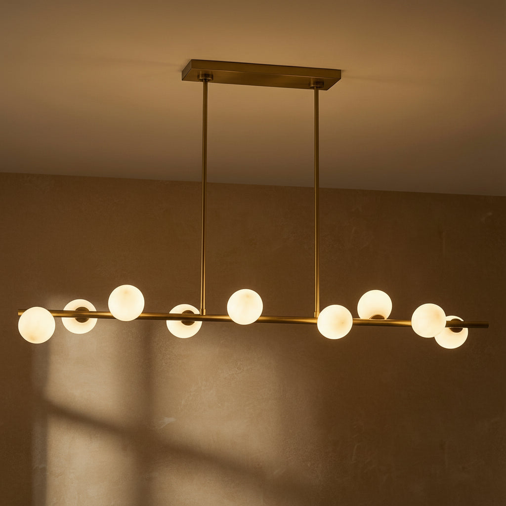 Veya 9 Light Linear Chandelier 49", Modern Brass and Milk Glass