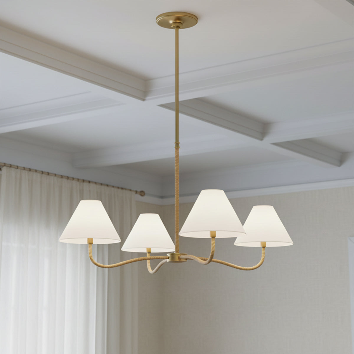 Harlow 4 Light Chandelier 35", Modern Brass with Rattan